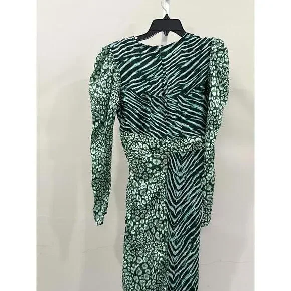 Rococo Sand Animal Print Satin Irene Gown Puff Sleeve Sheath Dress‎